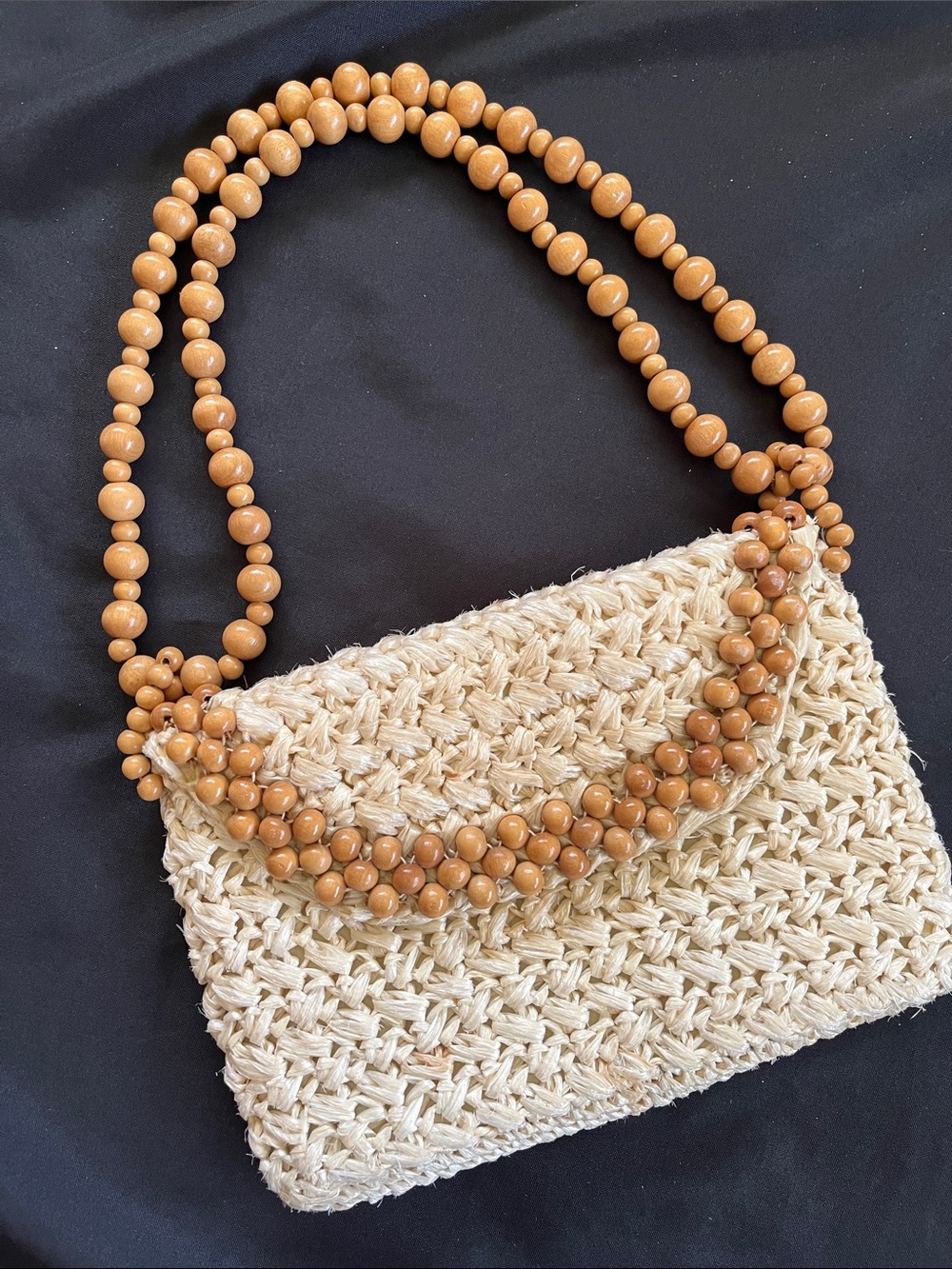 70s Vtg Woven Raffia Straw Small Shoulder Bag Purse Wood Beaded Strap Japan Boho